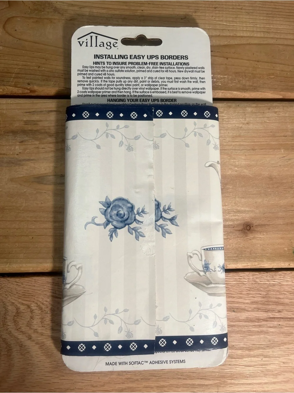 Easy Ups Self Adhesive Borders Wallpaper Blue White Teapot Cup Floral VTG New